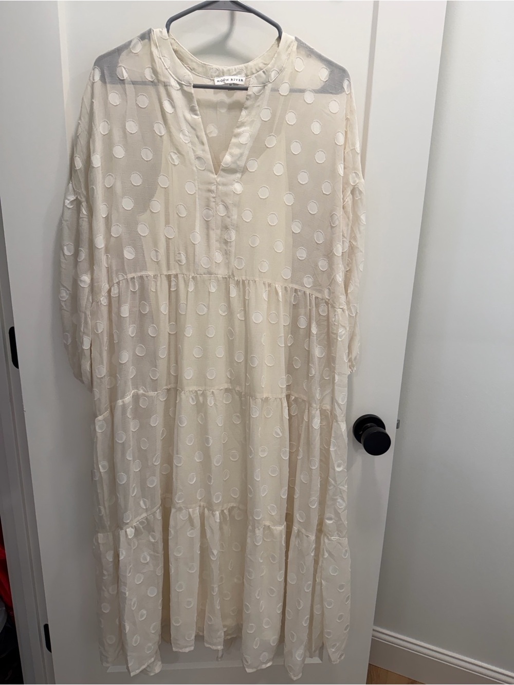 Moon River / Anthropologie Ivory Sheer Polka Dot Midi Dress - Picture 3 of 9